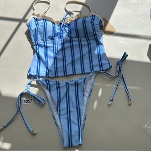 Samiol Medium Blue Striped Contrast Tankini Set